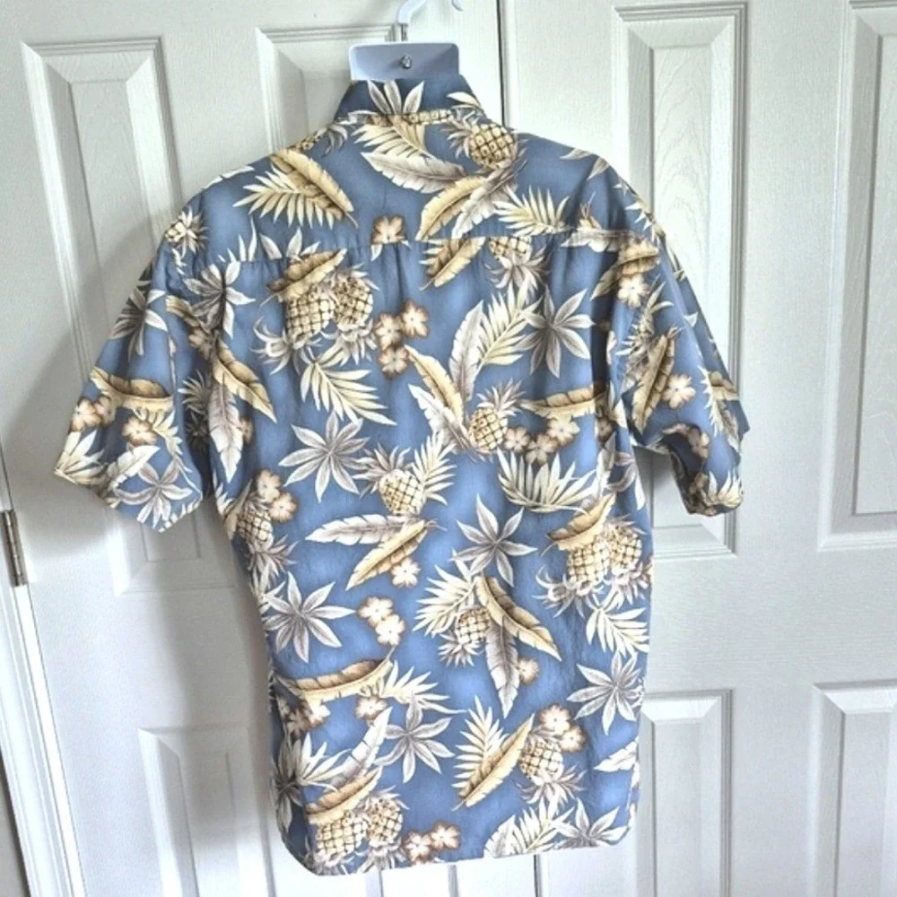 Vintage‎ Campia 100% Cotton Button Down Light Blue Tan Hawaiian Shirt Mens L
